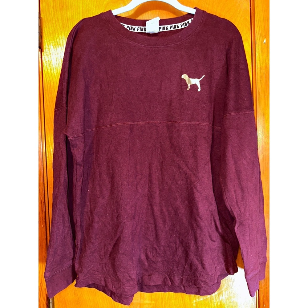 Victorias Secret PINK Long Sleeve Sequin Sweatshirt Gold Bling Medium Maroon Red